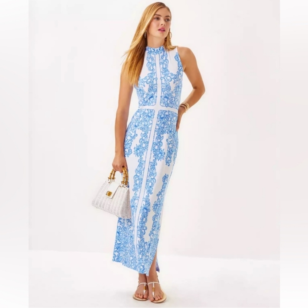 Elegant Blue and White Sleeveless Maxi Dress